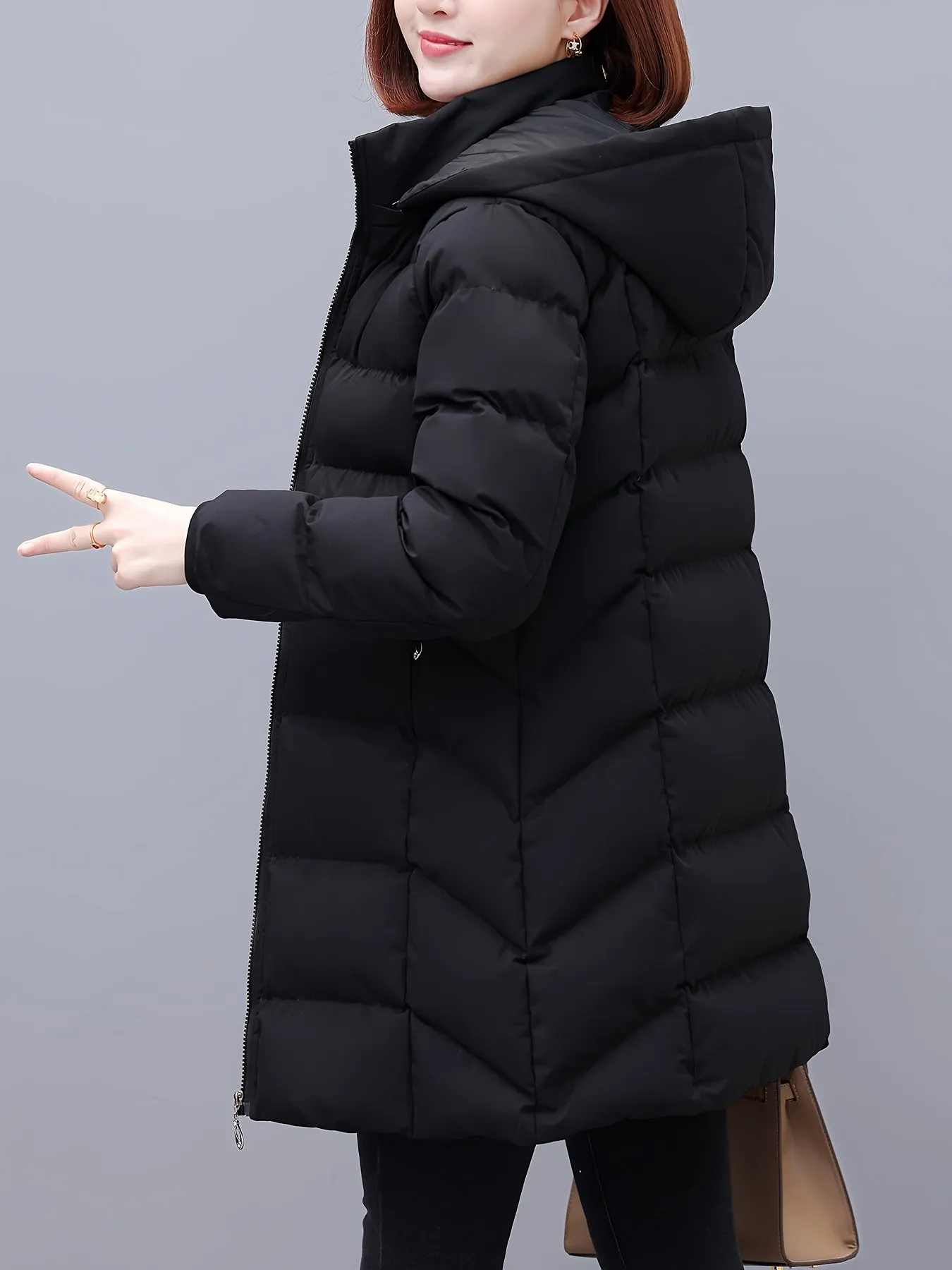 Women's Casual Mid-Length Jacket, Polyester Winter Coat with Hood, Solid Color, Zippered Front, Long Sleeve, Non-Waterproof, Woven, Asymmetrical Hem, No Belt - Autumn/Winter Collection