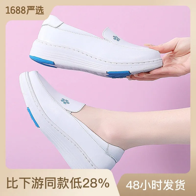 XIANGTUIBAO  Four Seasons Nurse Shoes Female  New Soft Sole Leather Breathable Anti-Blister Thick Bottom Not Tired Feet Comfortable White Shoes