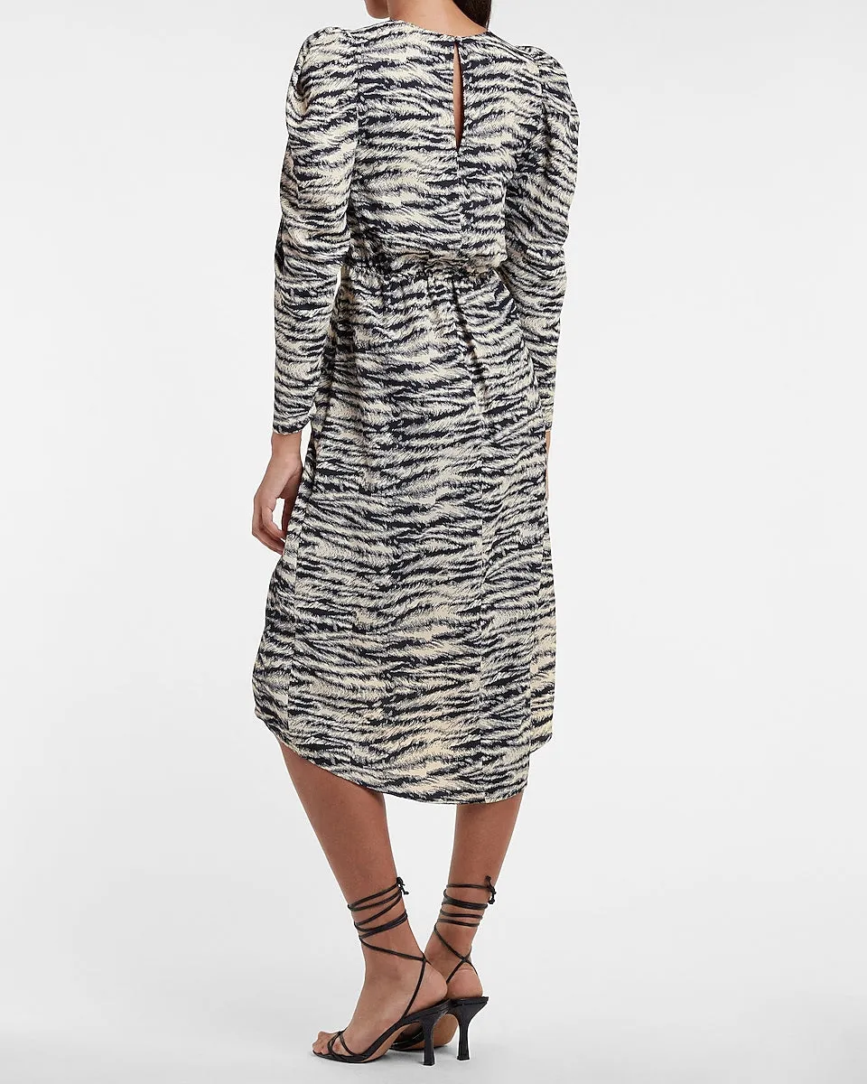 Zebra Print Puff Sleeve Midi Dress in Black Print