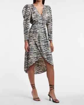 Zebra Print Puff Sleeve Midi Dress in Black Print