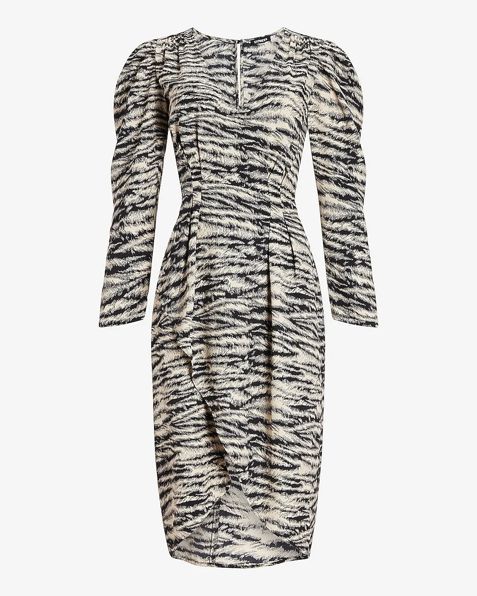 Zebra Print Puff Sleeve Midi Dress in Black Print